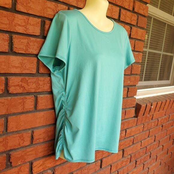 Lands End Sport Top Sz L 14-16 Teal Green Short Sleeve Tee Ruched Side Casual - Picture 2 of 7